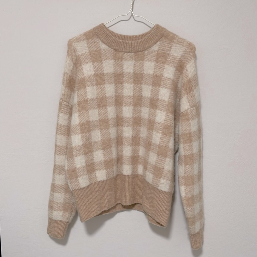$398 New w/ Tag LA Maille Sezane Small in Camel Ecru Gingham Sweater Baby Alpaca